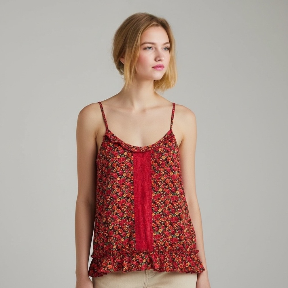 Soprano Womens Floral Ruffle Lace‎ Cami Tank Size M Pink Boho Cottage Coquette